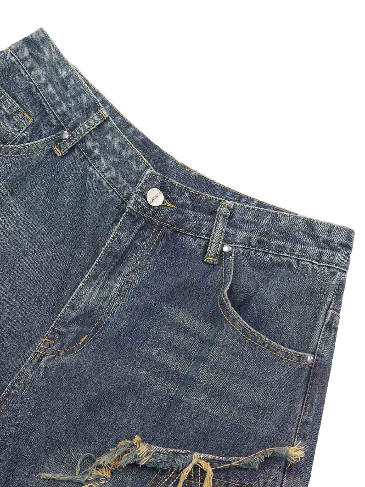 DISTRESSED DENIM SHORTS WITH EMBROIDERED DESIGN AND MID WAIST FIT