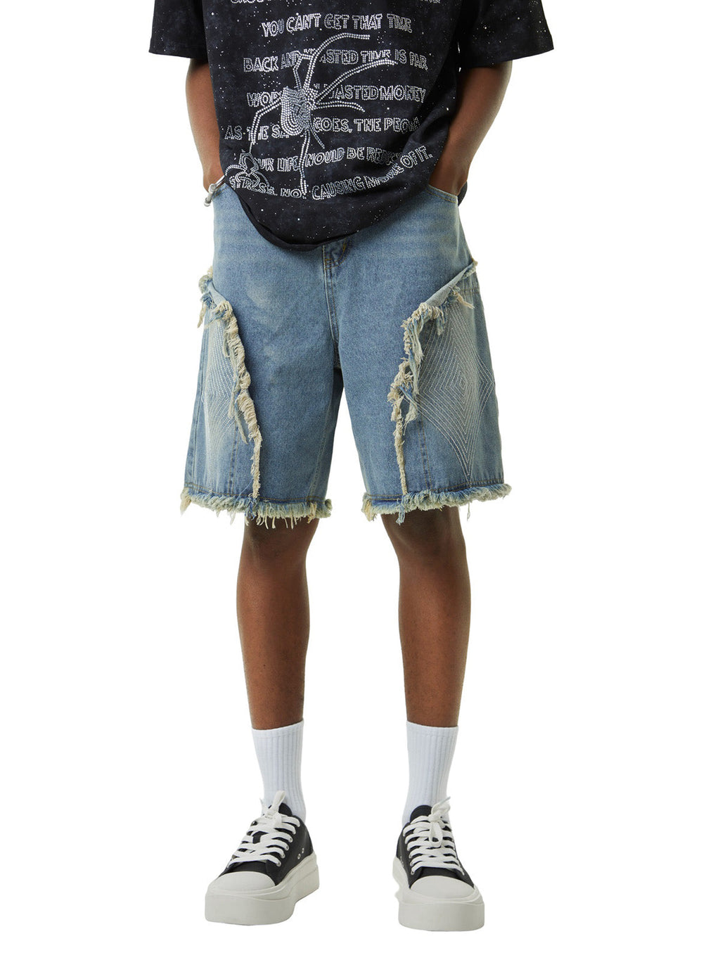 DISTRESSED DENIM SHORTS WITH EMBROIDERED DESIGN AND MID WAIST FIT