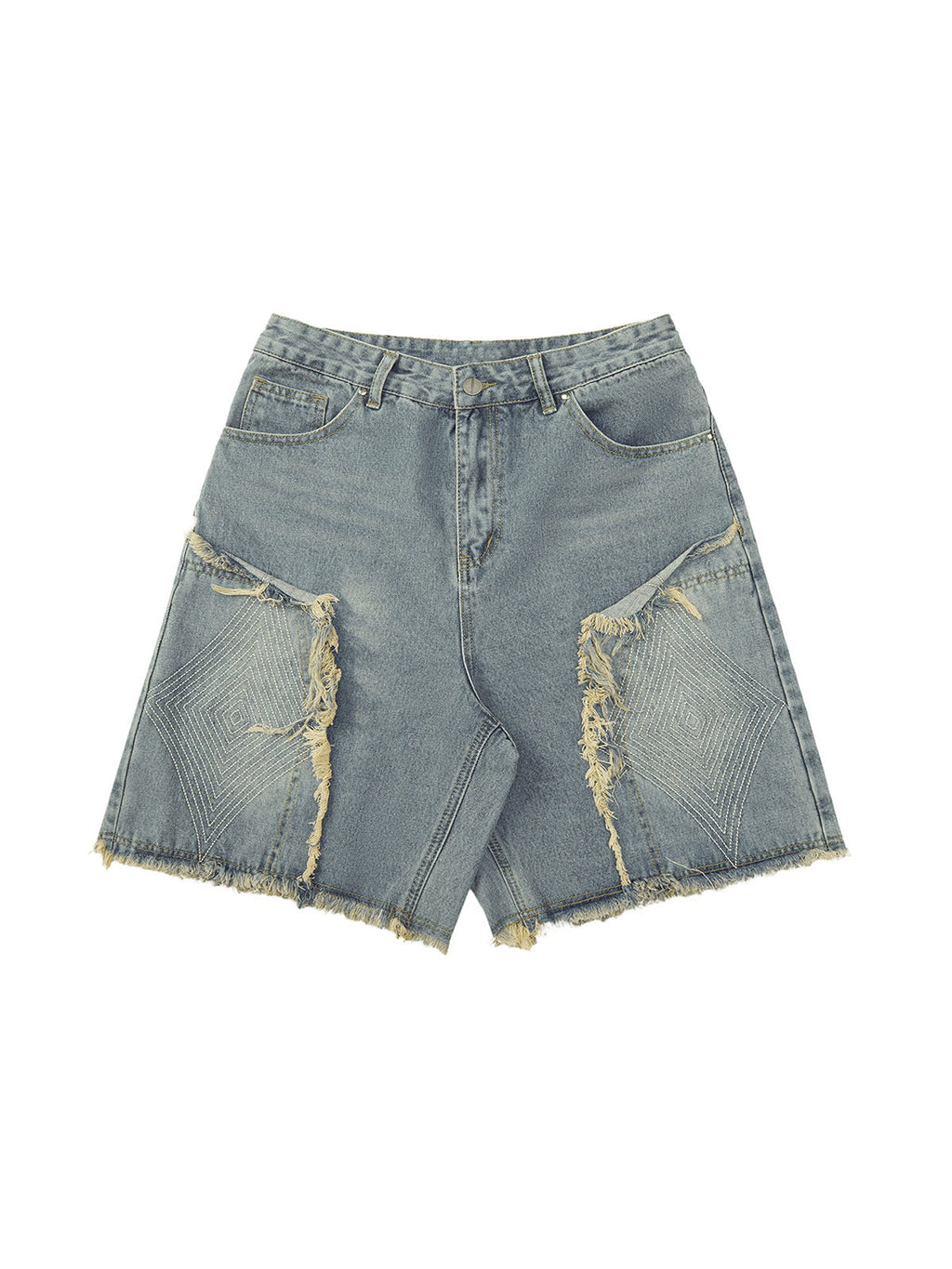 DISTRESSED DENIM SHORTS WITH EMBROIDERED DESIGN AND MID WAIST FIT
