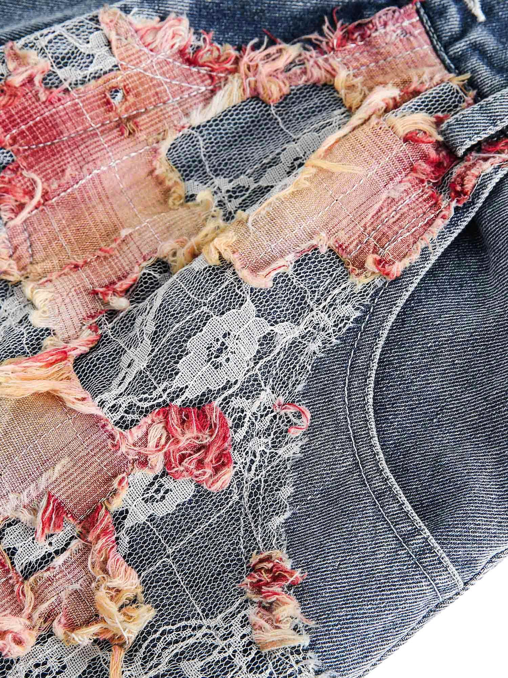 DISTRESSED DENIM SHORTS WITH FLORAL LACE INSERTS MID WAIST RIPPED STRAIGHT LEG