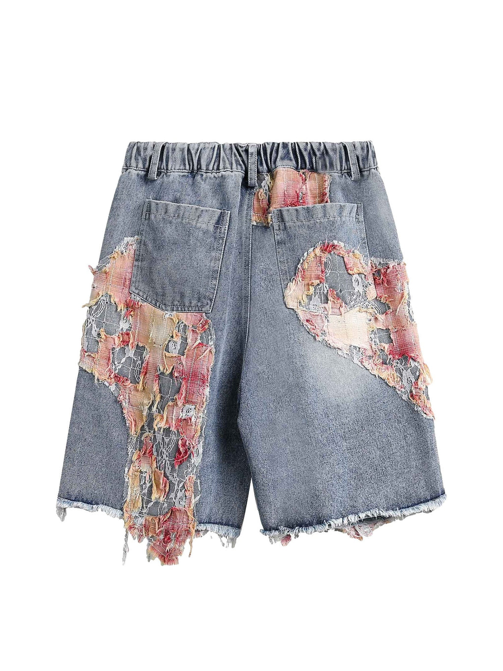 DISTRESSED DENIM SHORTS WITH FLORAL LACE INSERTS MID WAIST RIPPED STRAIGHT LEG