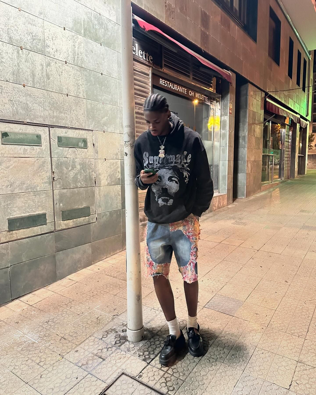 DISTRESSED DENIM SHORTS WITH FLORAL LACE INSERTS MID WAIST RIPPED STRAIGHT LEG