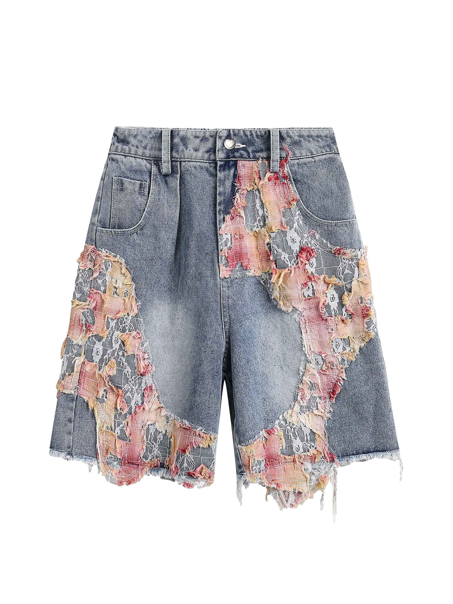 DISTRESSED DENIM SHORTS WITH FLORAL LACE INSERTS MID WAIST RIPPED STRAIGHT LEG
