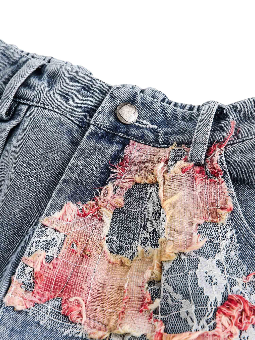 DISTRESSED DENIM SHORTS WITH FLORAL LACE INSERTS MID WAIST RIPPED STRAIGHT LEG