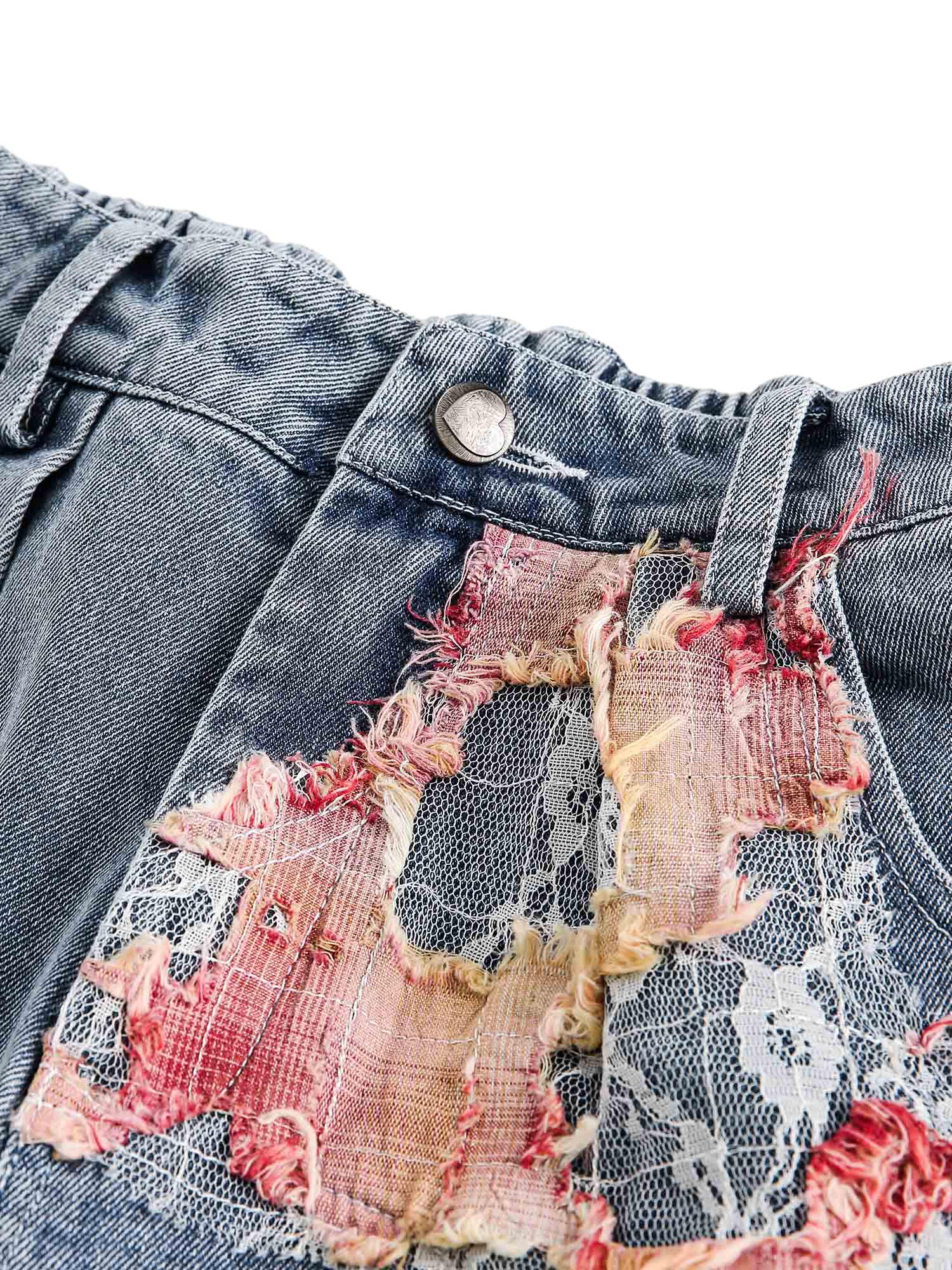 DISTRESSED DENIM SHORTS WITH FLORAL LACE INSERTS MID WAIST RIPPED STRAIGHT LEG