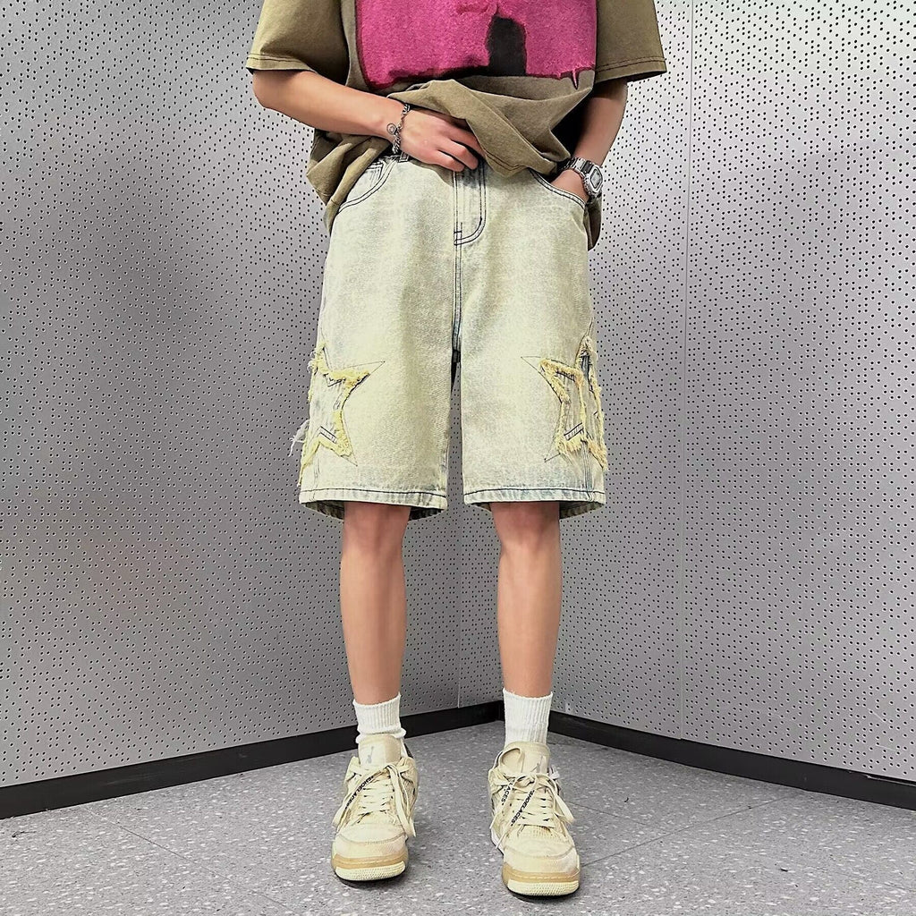 DISTRESSED DENIM SHORTS WITH STAR DETAIL VINTAGE RETRO BAGGY FIT