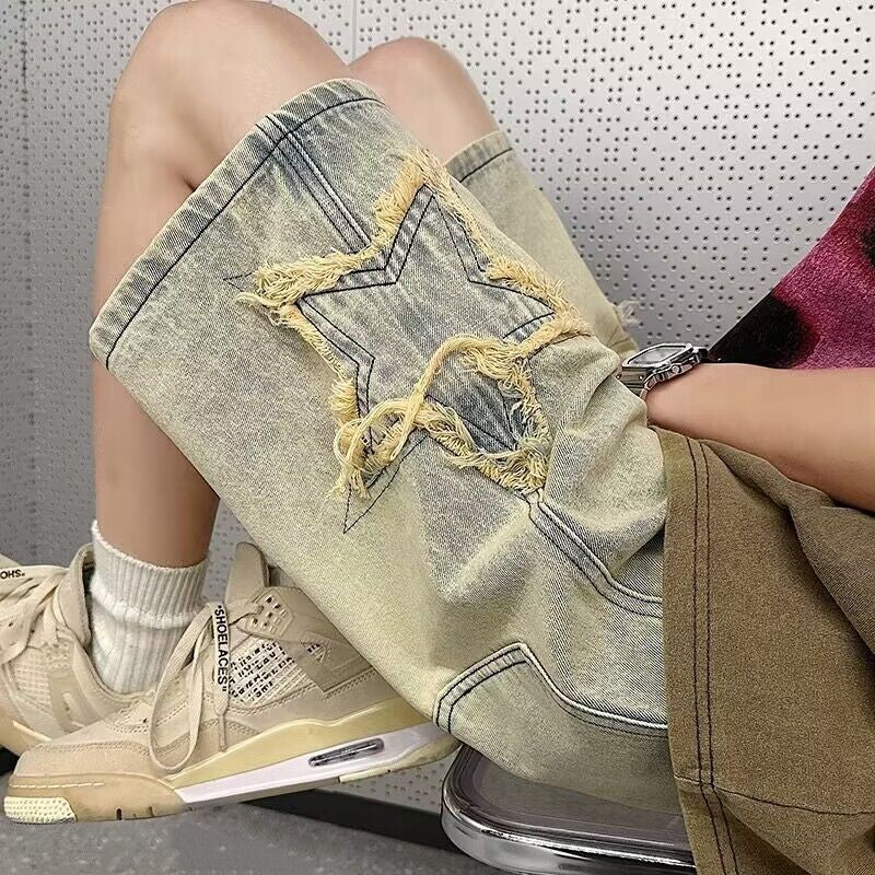 DISTRESSED DENIM SHORTS WITH STAR DETAIL VINTAGE RETRO BAGGY FIT