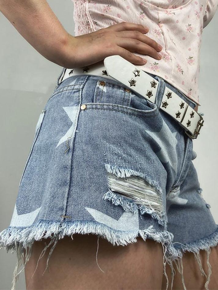 DISTRESSED DENIM SHORTS WITH STAR PATTERN BLUE Y2K STAR