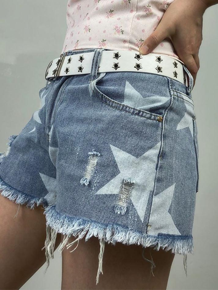DISTRESSED DENIM SHORTS WITH STAR PATTERN BLUE Y2K STAR