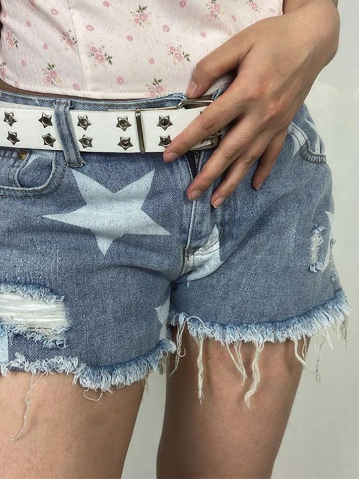 DISTRESSED DENIM SHORTS WITH STAR PATTERN BLUE Y2K STAR