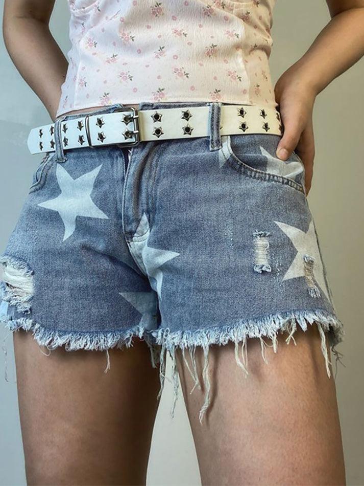 DISTRESSED DENIM SHORTS WITH STAR PATTERN BLUE Y2K STAR