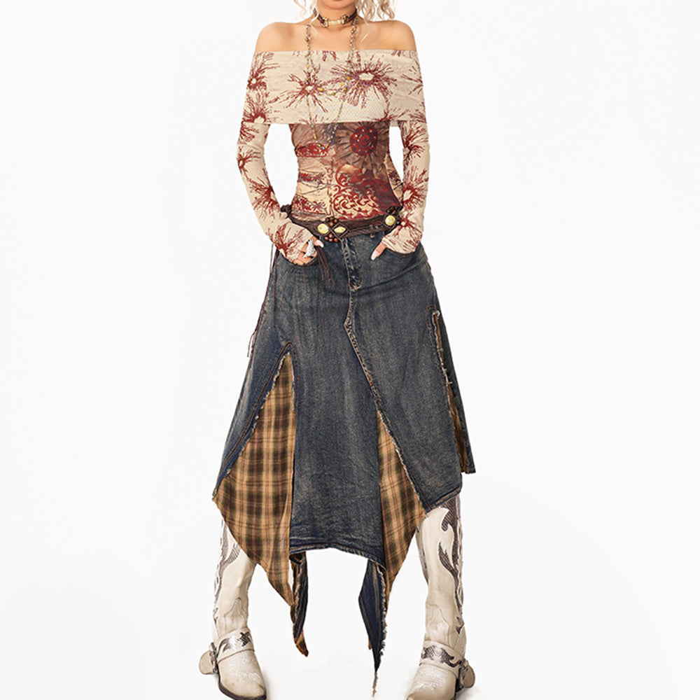 DISTRESSED DENIM SKIRT WITH PLAID INSERTS FOR CASUAL WEAR