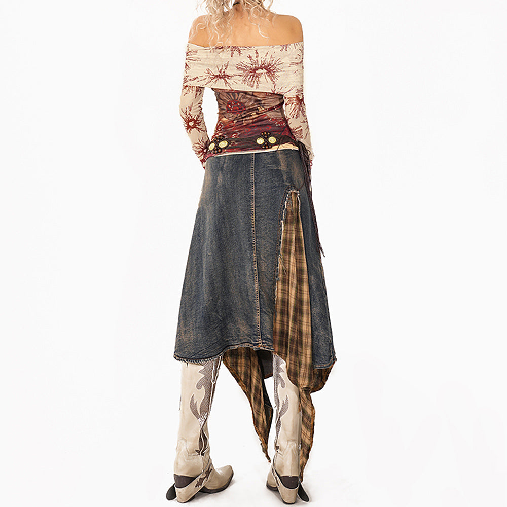 DISTRESSED DENIM SKIRT WITH PLAID INSERTS FOR CASUAL WEAR