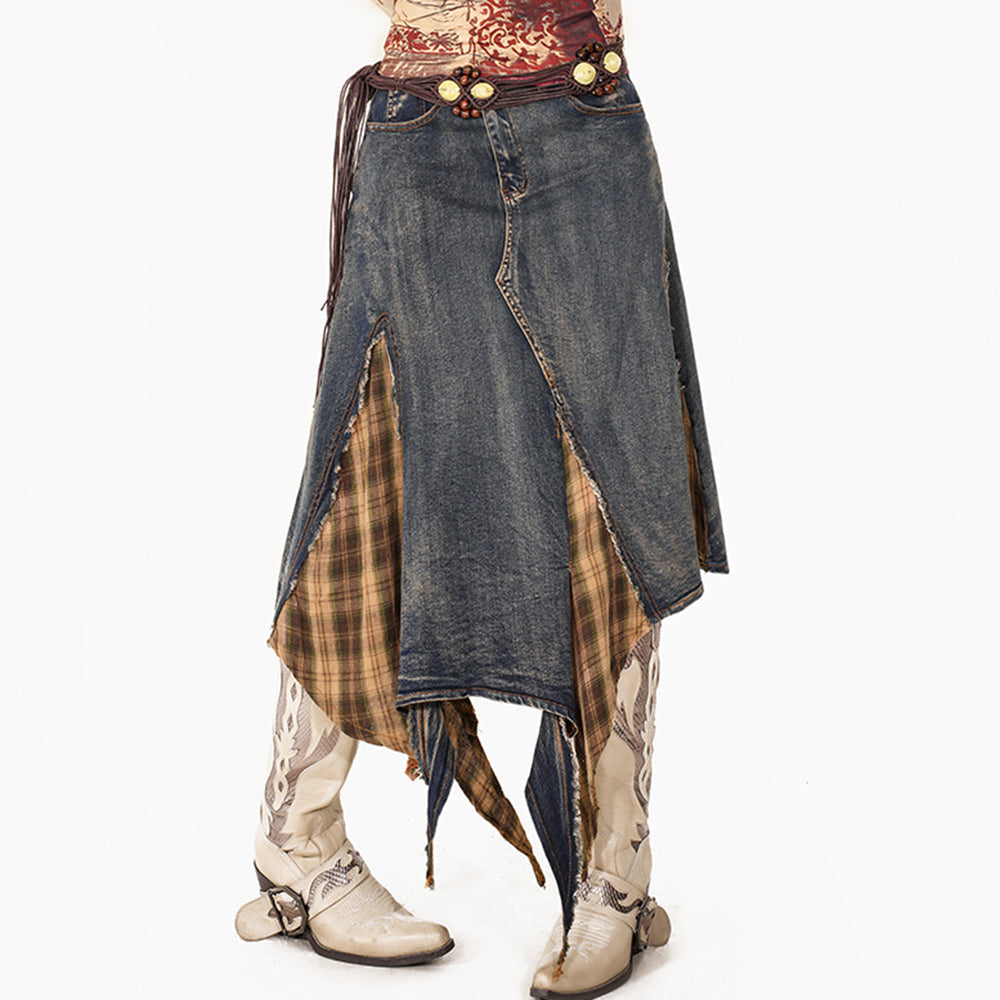 DISTRESSED DENIM SKIRT WITH PLAID INSERTS FOR CASUAL WEAR