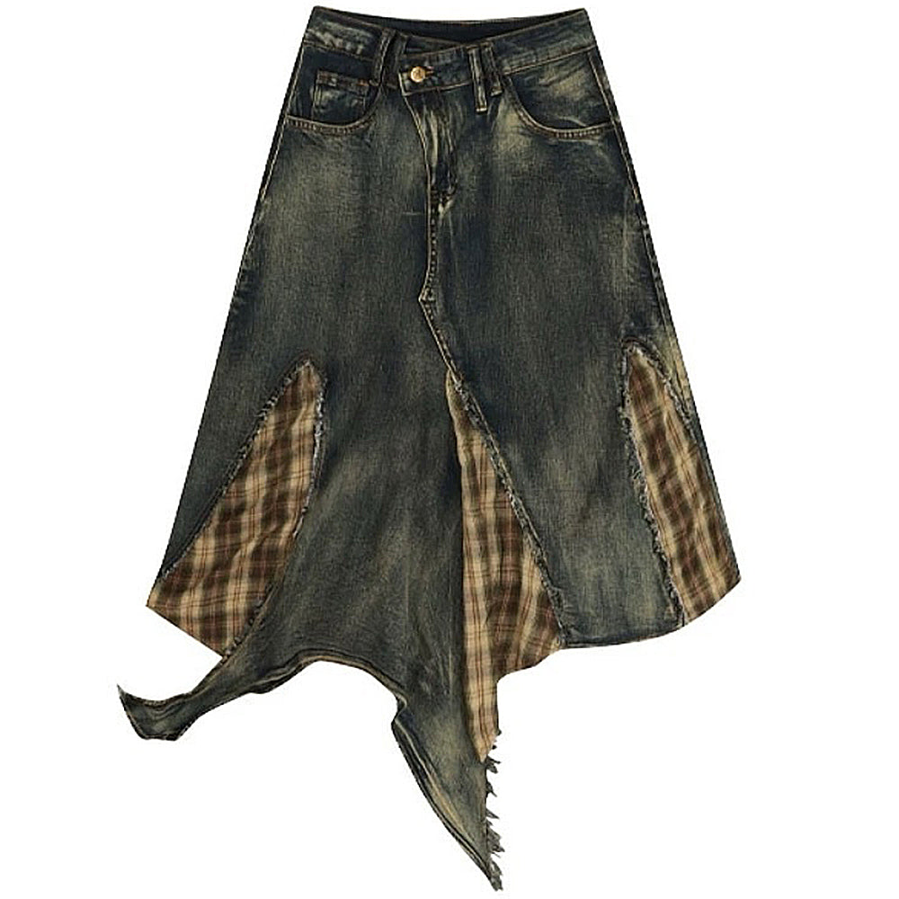 DISTRESSED DENIM SKIRT WITH PLAID INSERTS FOR CASUAL WEAR