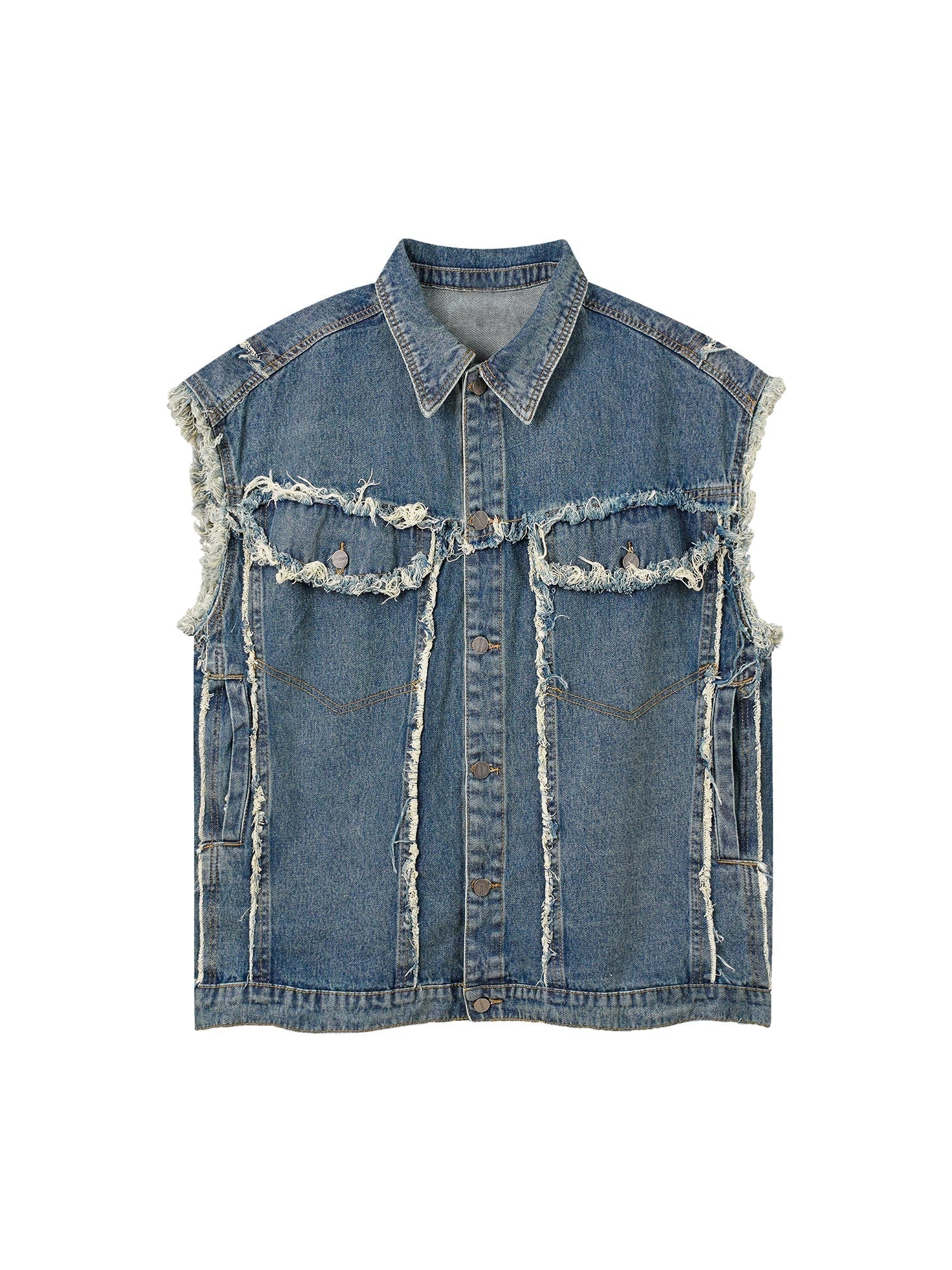 DISTRESSED DENIM VEST WITH LAPEL COLLAR FOR SPRING SUMMER WEAR