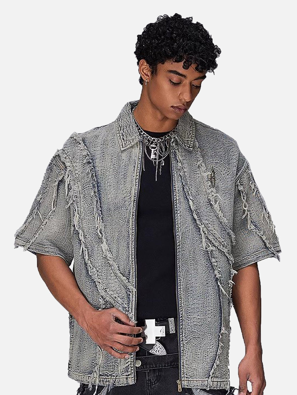 DISTRESSED DENIM ZIP-UP SHIRT WITH WASHED RAW EDGE DETAIL