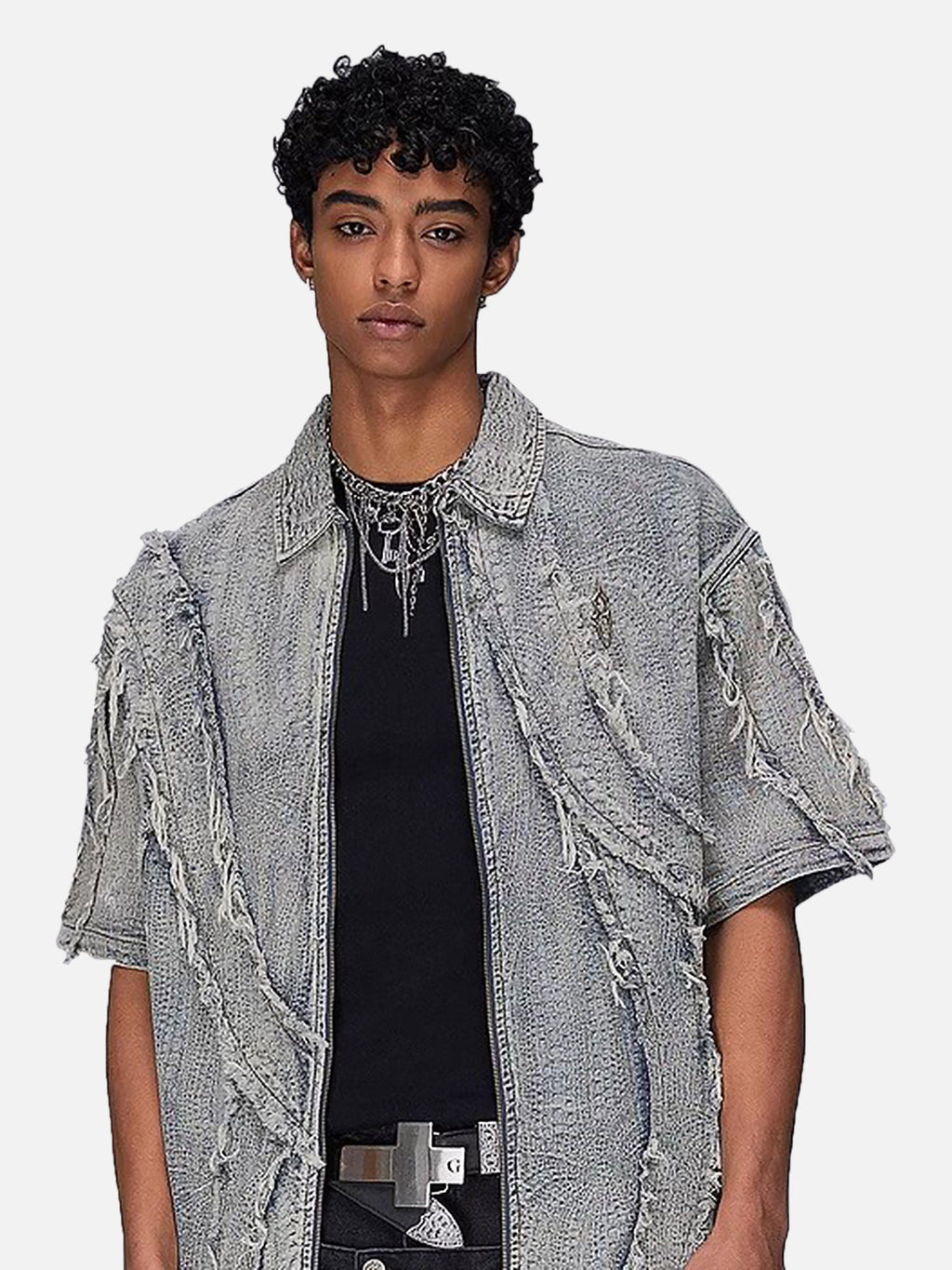 DISTRESSED DENIM ZIP-UP SHIRT WITH WASHED RAW EDGE DETAIL