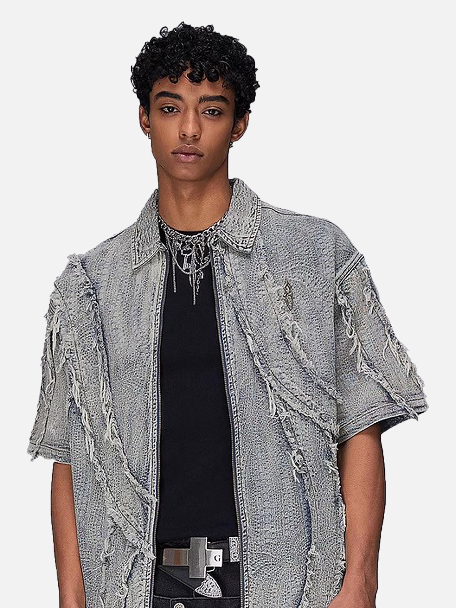 DISTRESSED DENIM ZIP-UP SHIRT WITH WASHED RAW EDGE DETAIL