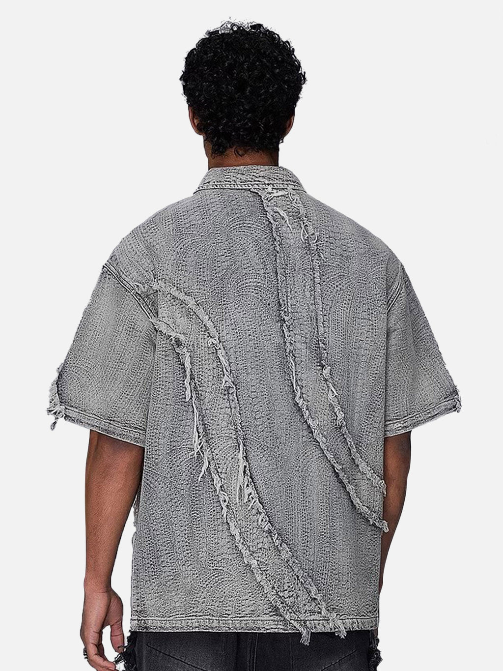 DISTRESSED DENIM ZIP-UP SHIRT WITH WASHED RAW EDGE DETAIL