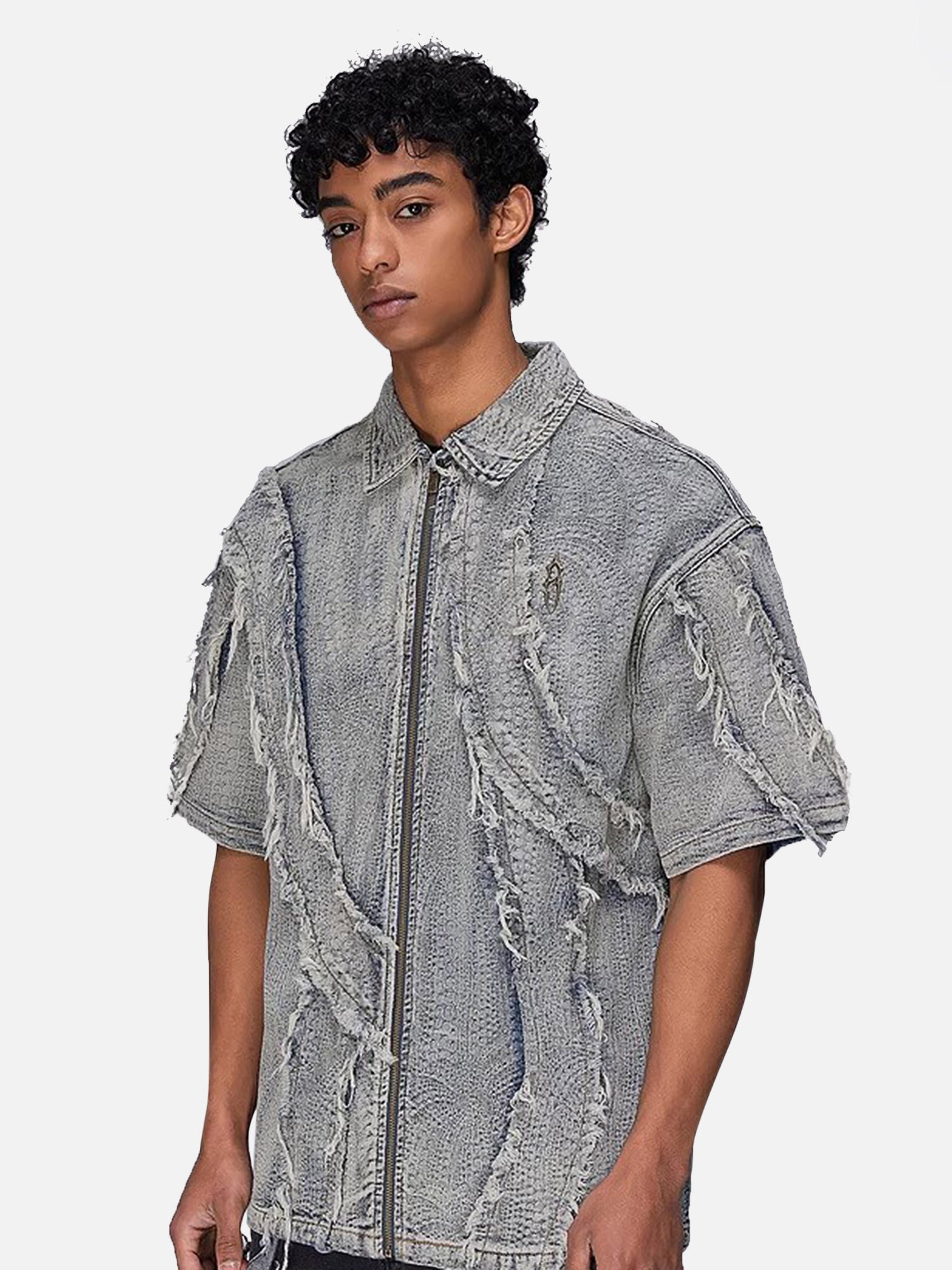 DISTRESSED DENIM ZIP-UP SHIRT WITH WASHED RAW EDGE DETAIL
