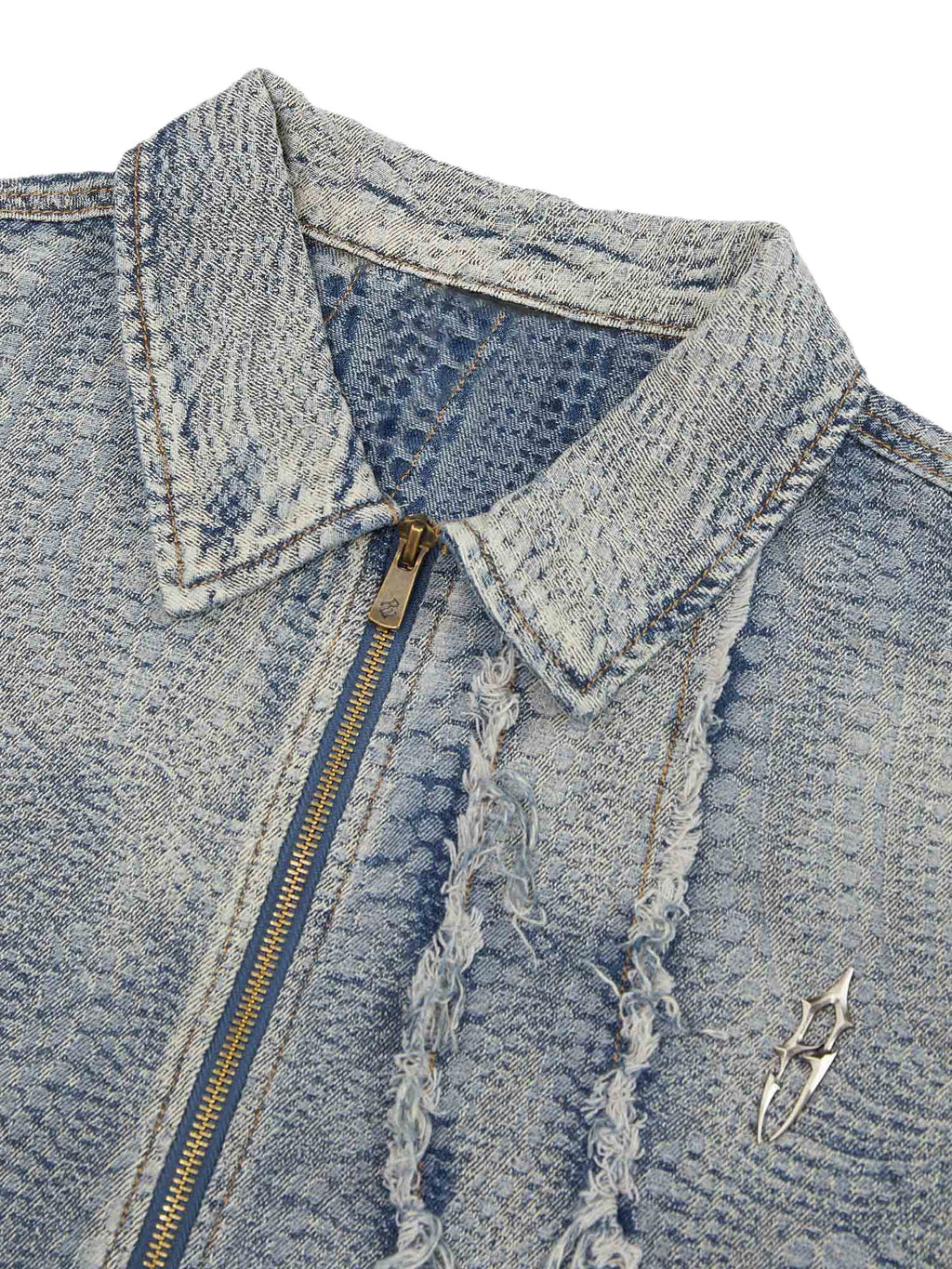 DISTRESSED DENIM ZIP-UP SHIRT WITH WASHED RAW EDGE DETAIL