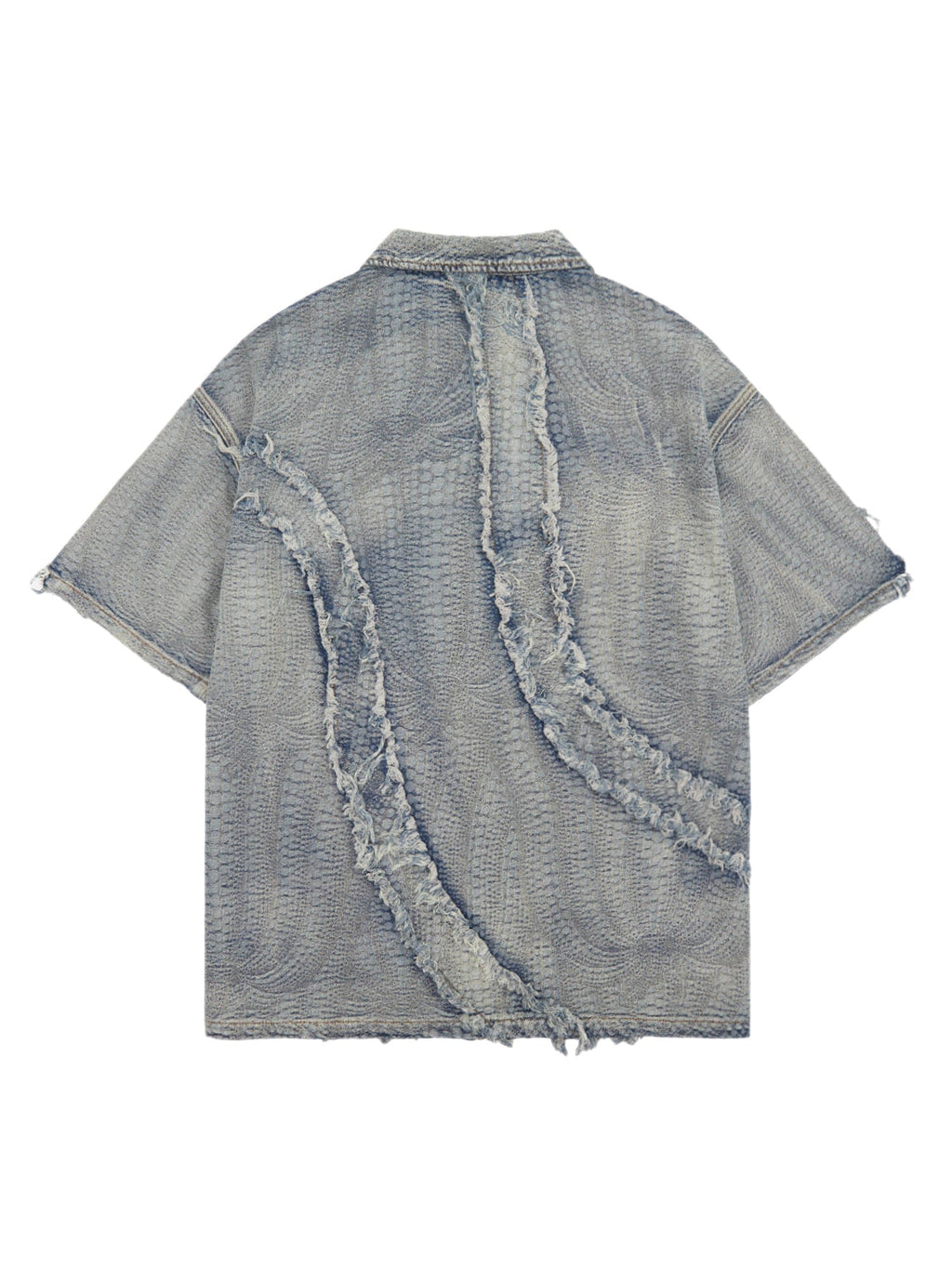 DISTRESSED DENIM ZIP-UP SHIRT WITH WASHED RAW EDGE DETAIL