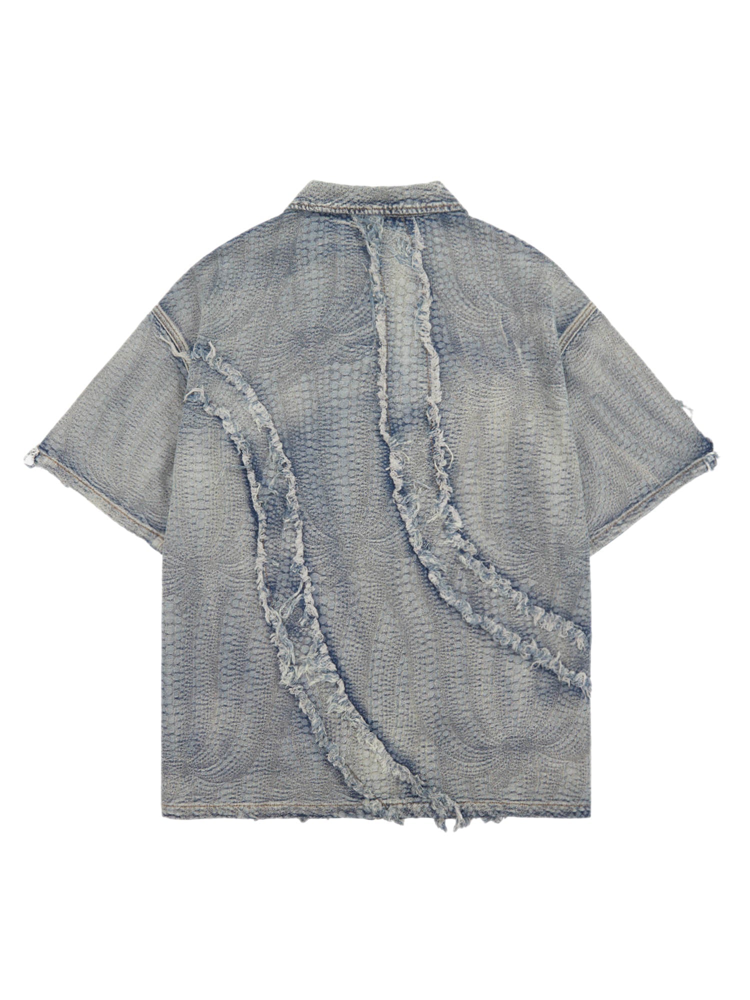 DISTRESSED DENIM ZIP-UP SHIRT WITH WASHED RAW EDGE DETAIL