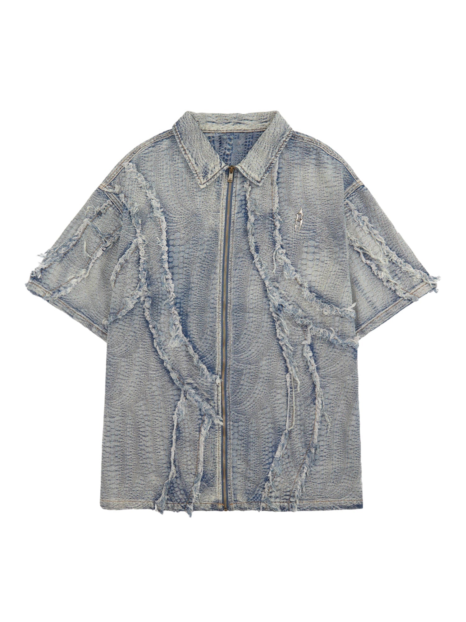 DISTRESSED DENIM ZIP-UP SHIRT WITH WASHED RAW EDGE DETAIL