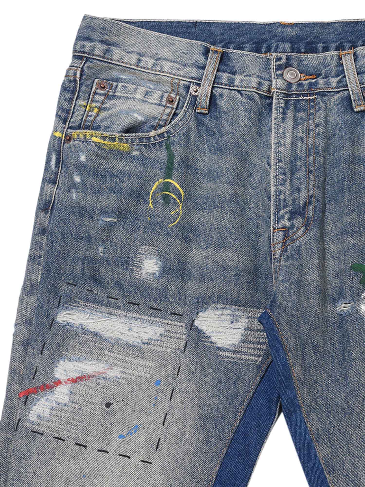 DISTRESSED FLARED DENIM JEANS WITH SPLASHING INK MICRO DESIGN