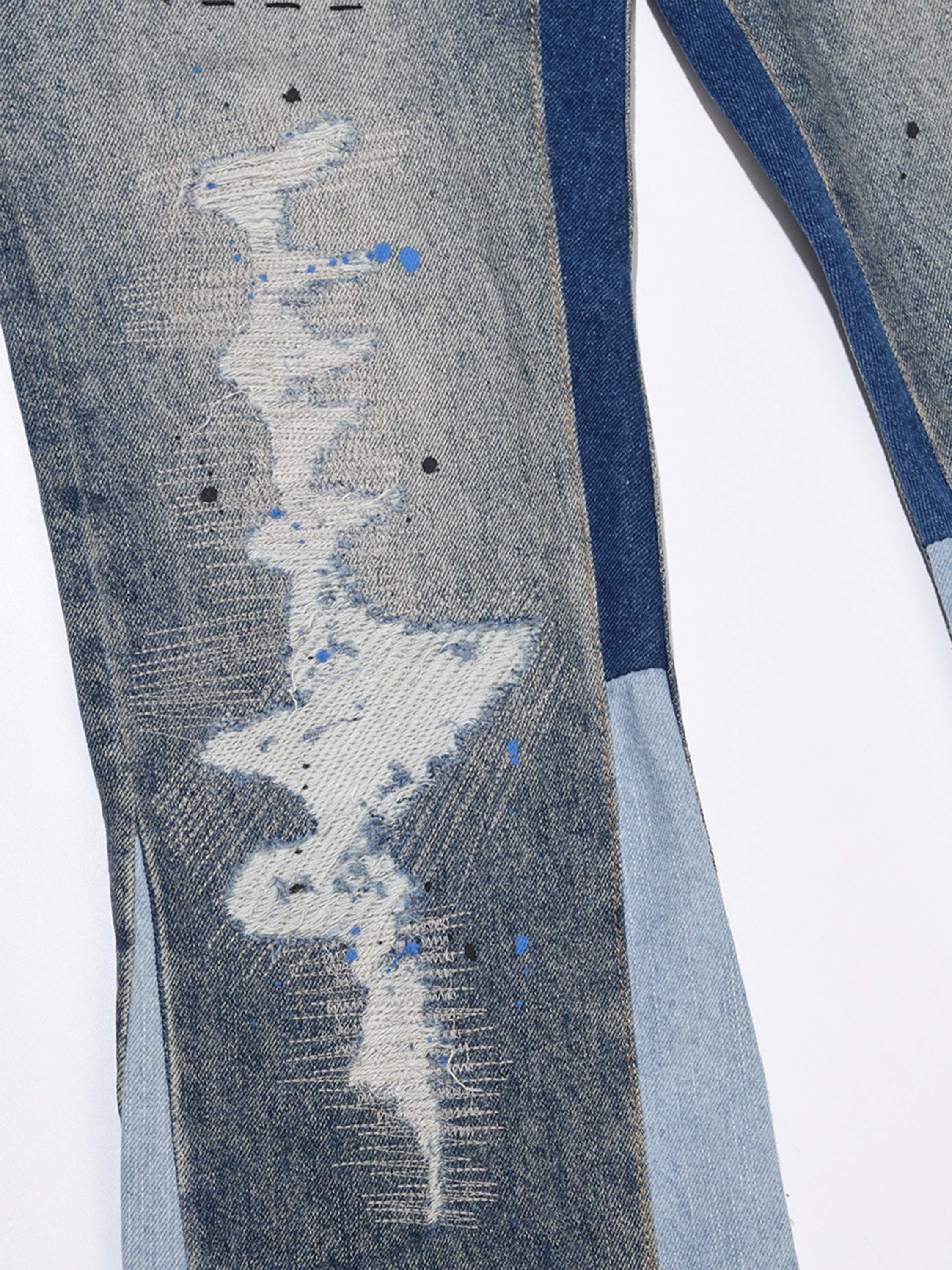 DISTRESSED FLARED DENIM JEANS WITH SPLASHING INK MICRO DESIGN