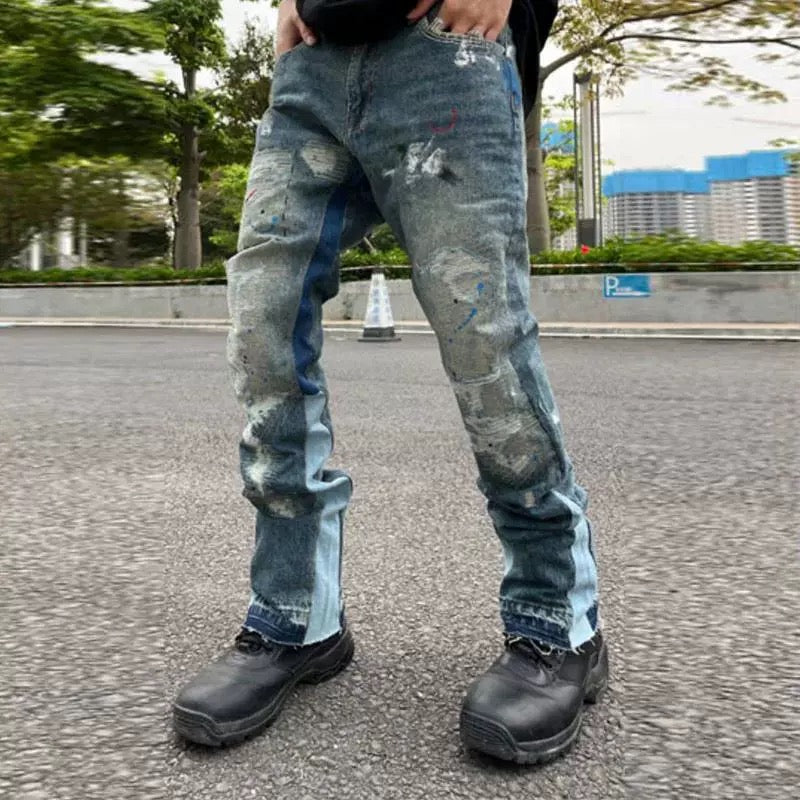 DISTRESSED FLARED DENIM JEANS WITH SPLASHING INK MICRO DESIGN