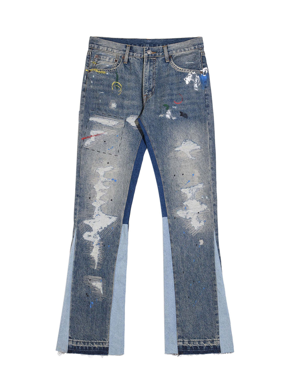 DISTRESSED FLARED DENIM JEANS WITH SPLASHING INK MICRO DESIGN