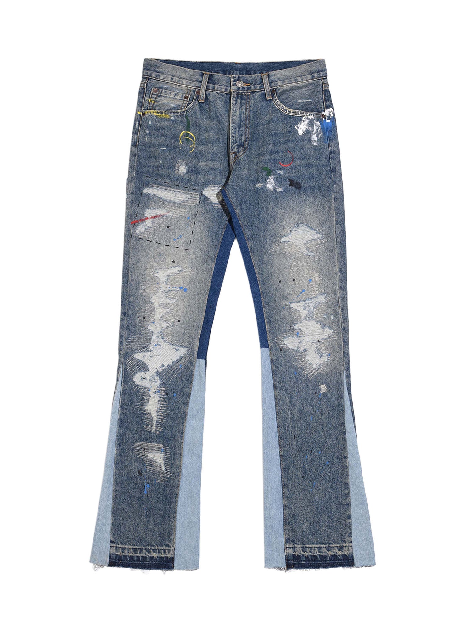 DISTRESSED FLARED DENIM JEANS WITH SPLASHING INK MICRO DESIGN