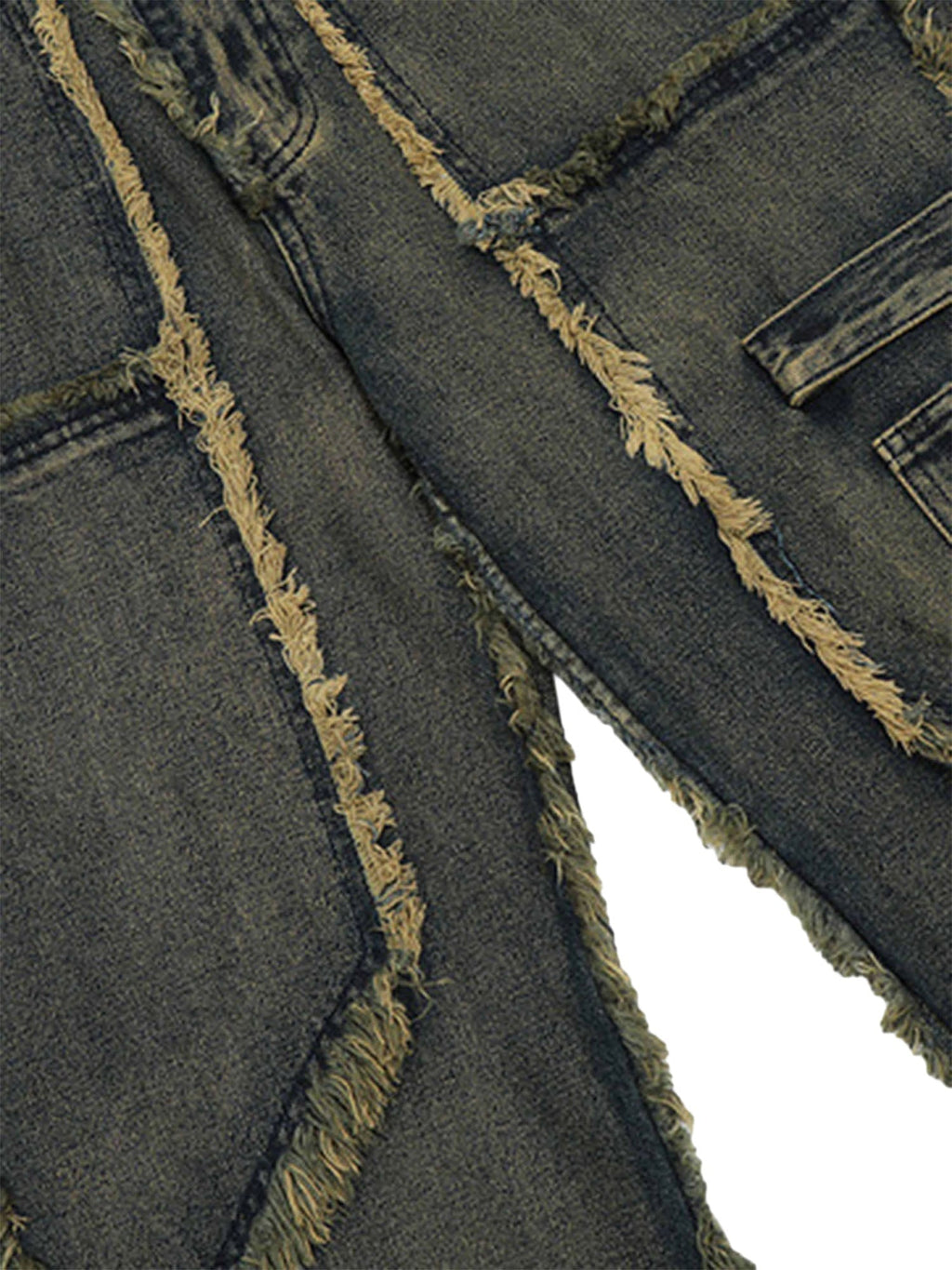 DISTRESSED GRAY DENIM JEANS WITH FRAYED EDGES RAW HEM STRAIGHT LEG