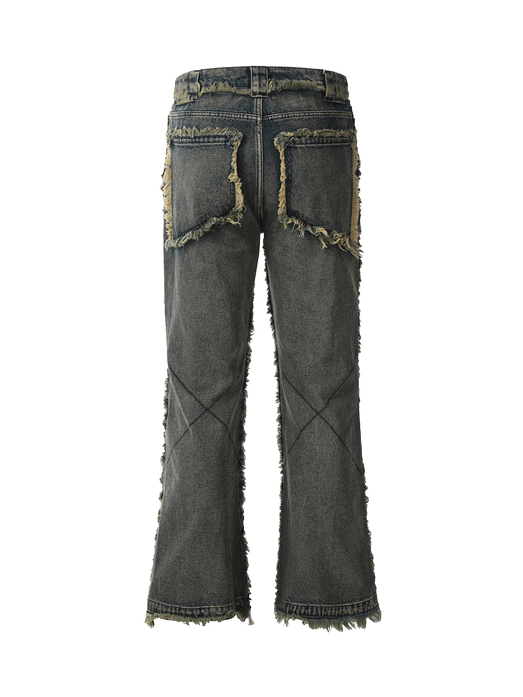 DISTRESSED GRAY DENIM JEANS WITH FRAYED EDGES RAW HEM STRAIGHT LEG