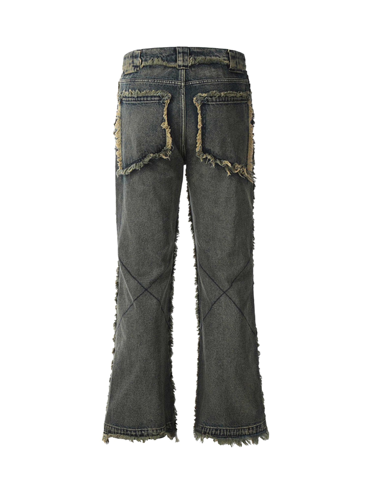 DISTRESSED GRAY DENIM JEANS WITH FRAYED EDGES RAW HEM STRAIGHT LEG