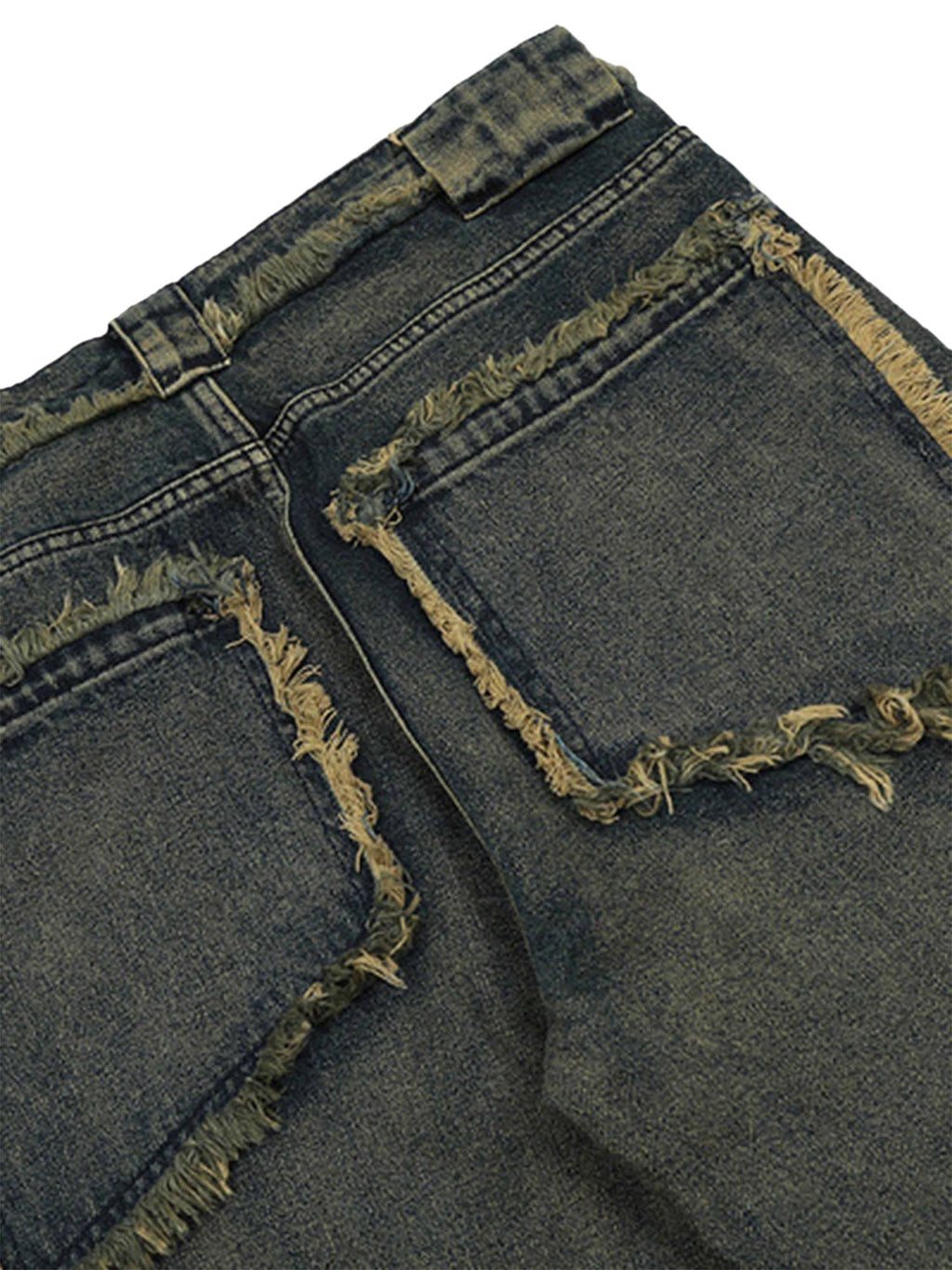 DISTRESSED GRAY DENIM JEANS WITH FRAYED EDGES RAW HEM STRAIGHT LEG