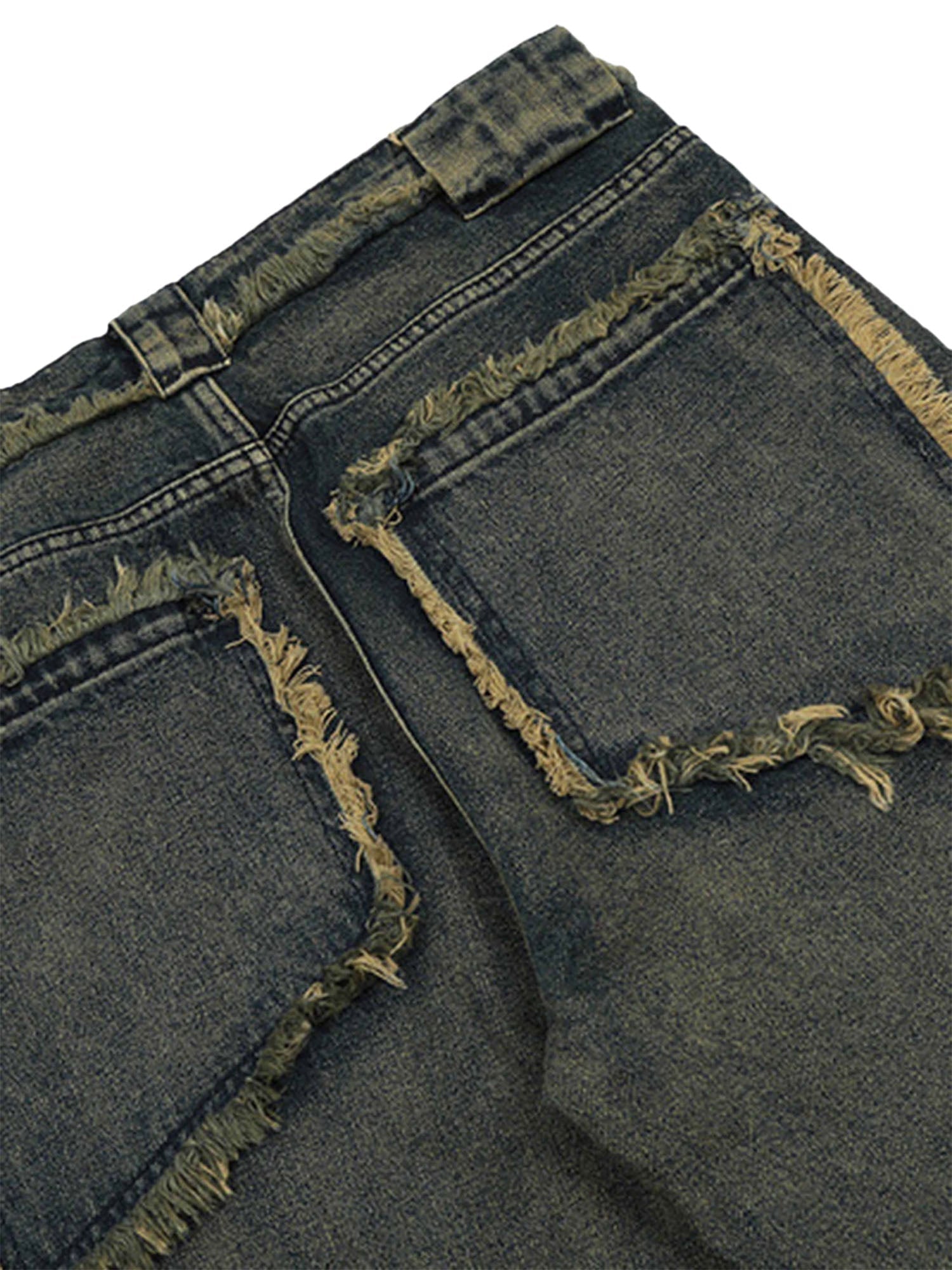 DISTRESSED GRAY DENIM JEANS WITH FRAYED EDGES RAW HEM STRAIGHT LEG