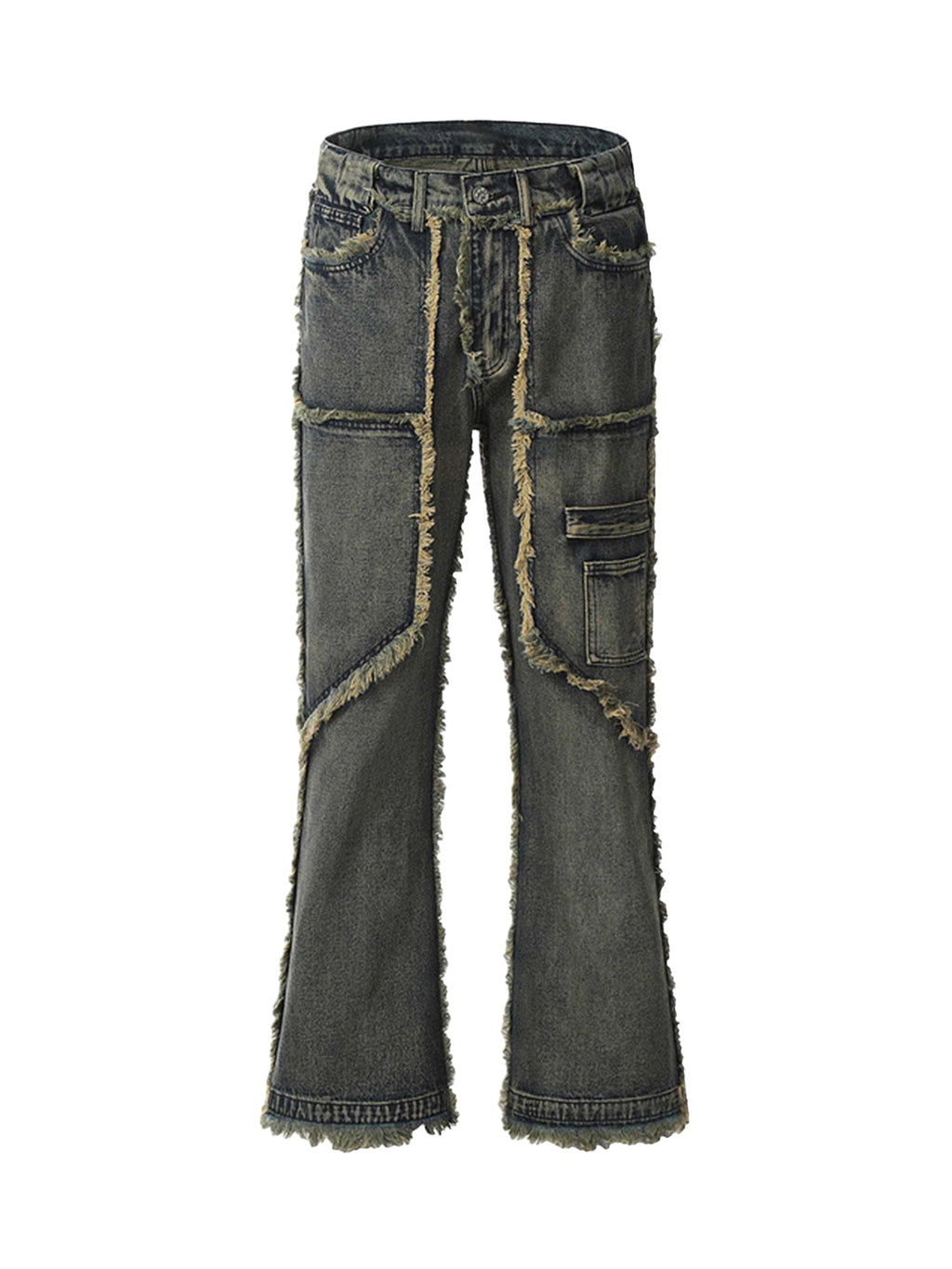 DISTRESSED GRAY DENIM JEANS WITH FRAYED EDGES RAW HEM STRAIGHT LEG