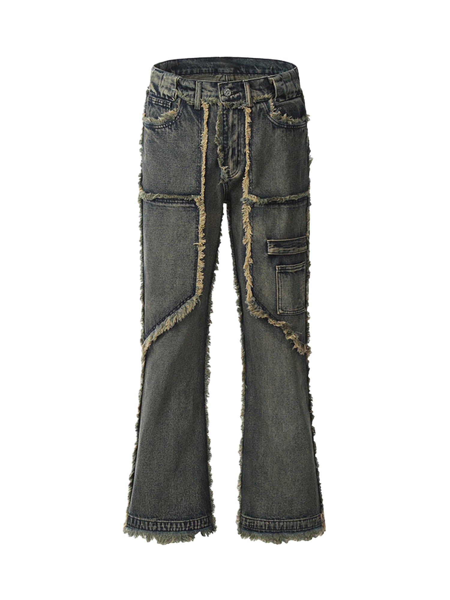 DISTRESSED GRAY DENIM JEANS WITH FRAYED EDGES RAW HEM STRAIGHT LEG