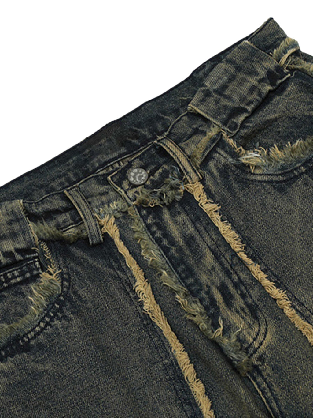 DISTRESSED GRAY DENIM JEANS WITH FRAYED EDGES RAW HEM STRAIGHT LEG