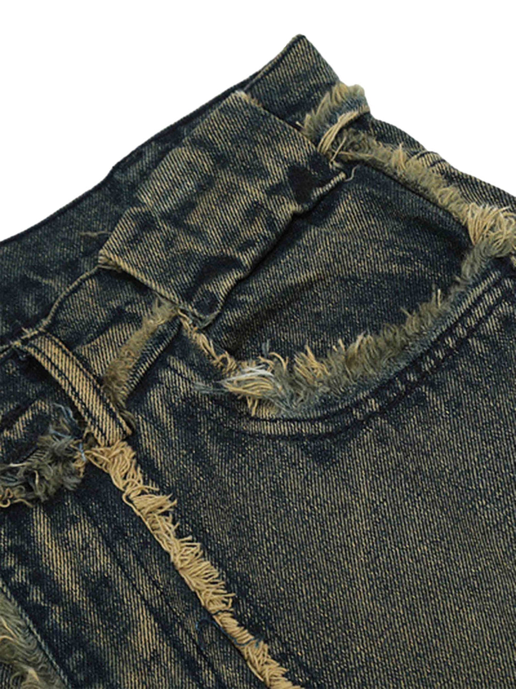 DISTRESSED GRAY DENIM JEANS WITH FRAYED EDGES RAW HEM STRAIGHT LEG