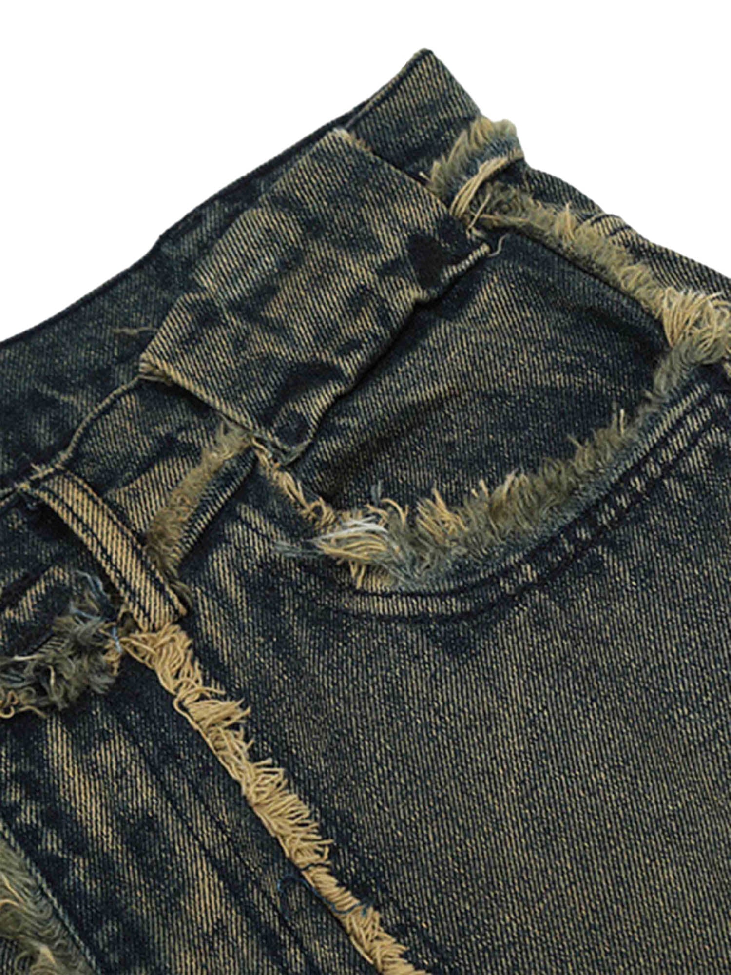 DISTRESSED GRAY DENIM JEANS WITH FRAYED EDGES RAW HEM STRAIGHT LEG