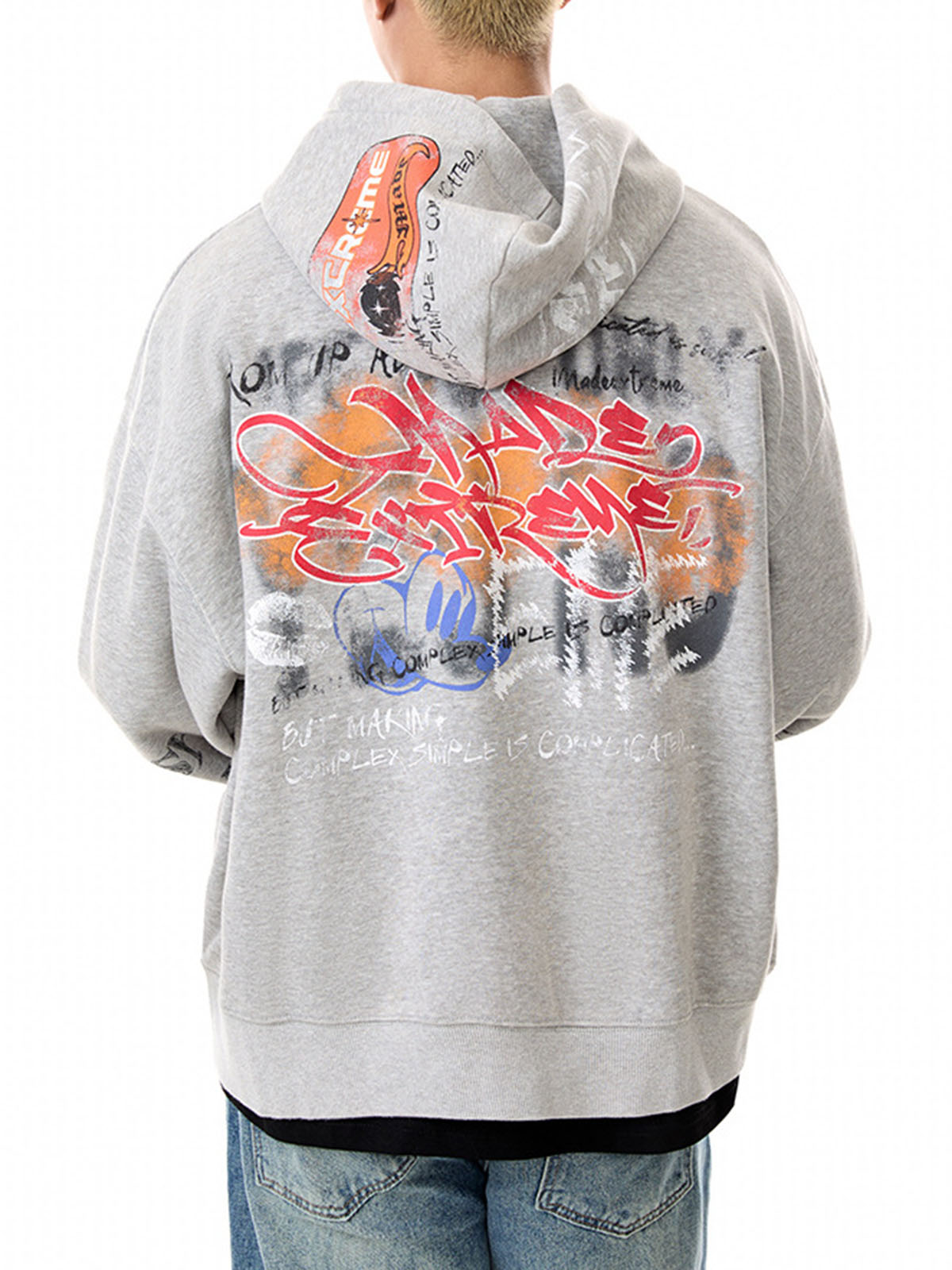 DISTRESSED GRAY HOODED TERRY CLOTH HOODIE WITH COLORFUL GRAPHICS