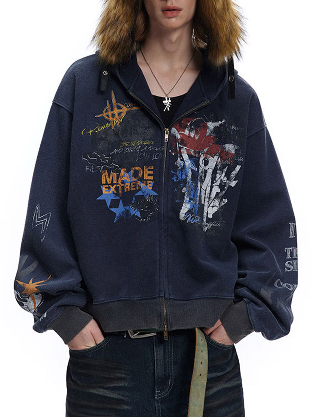 DISTRESSED GRAY HOODED TERRY CLOTH HOODIE WITH COLORFUL GRAPHICS