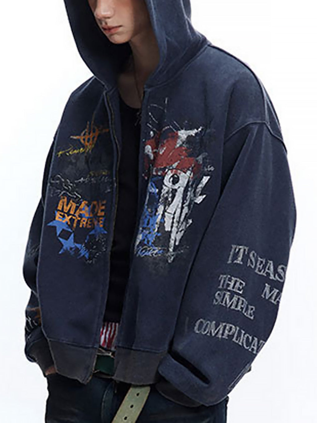 DISTRESSED GRAY HOODED TERRY CLOTH HOODIE WITH COLORFUL GRAPHICS