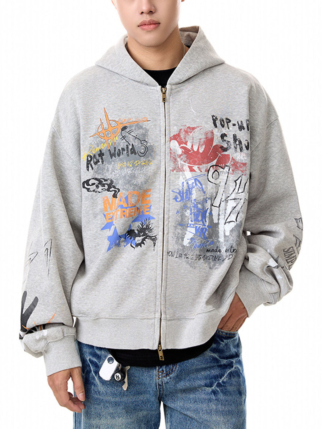 DISTRESSED GRAY HOODED TERRY CLOTH HOODIE WITH COLORFUL GRAPHICS