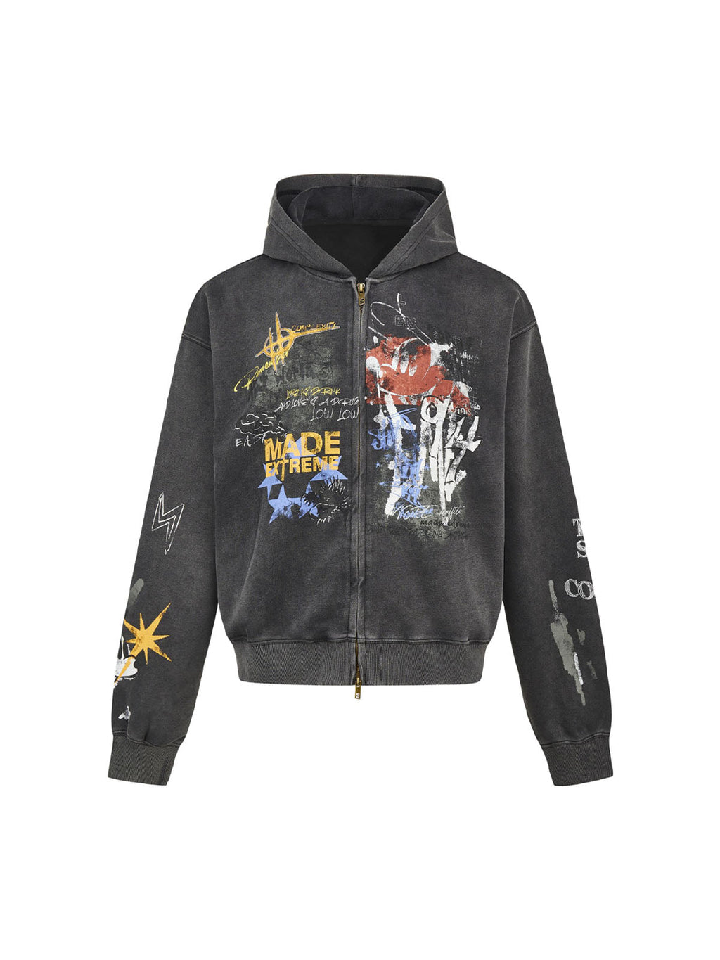 DISTRESSED GRAY HOODED TERRY CLOTH HOODIE WITH COLORFUL GRAPHICS