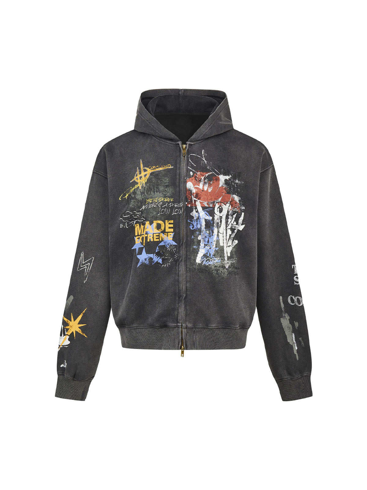 DISTRESSED GRAY HOODED TERRY CLOTH HOODIE WITH COLORFUL GRAPHICS